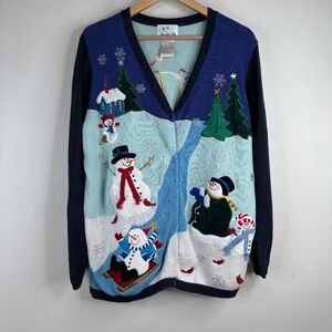 Vintage 90s Quacker Factor Xmas Cardigan L Ugly Christmas Sweater Granny Snowman